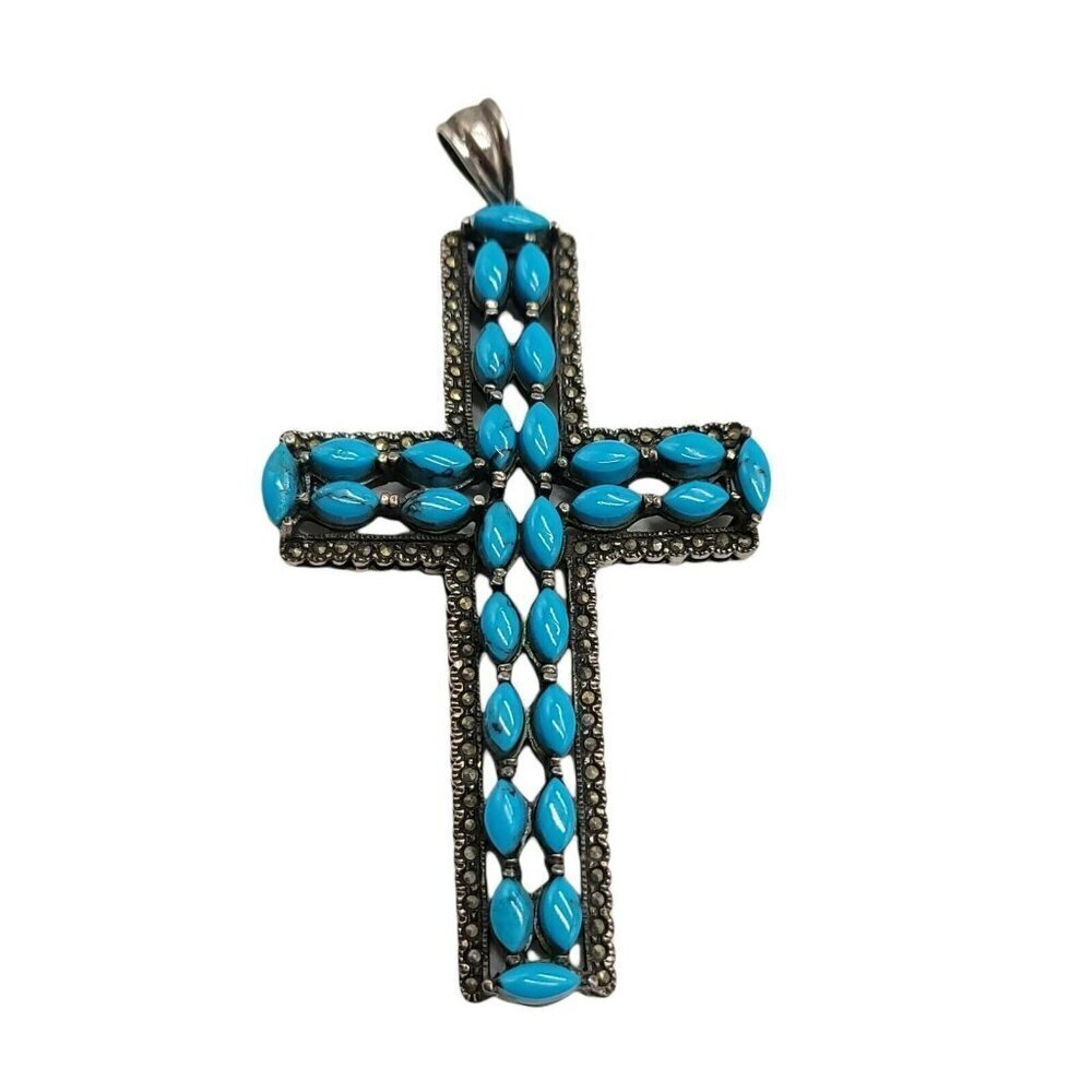 Marcasite Blue Turquoise Sterling Silver .925 Crucifix Cross Pendant Vintage 30g